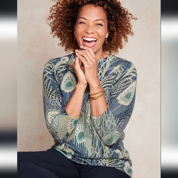 Talbots Audrey cashmere sweater in peacock feather print - Picture 2 of 4